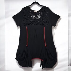 MAXLIVE Tunic Top Woman XL? Black Laser Cut Red Trim Asymmetrical Lagenlook